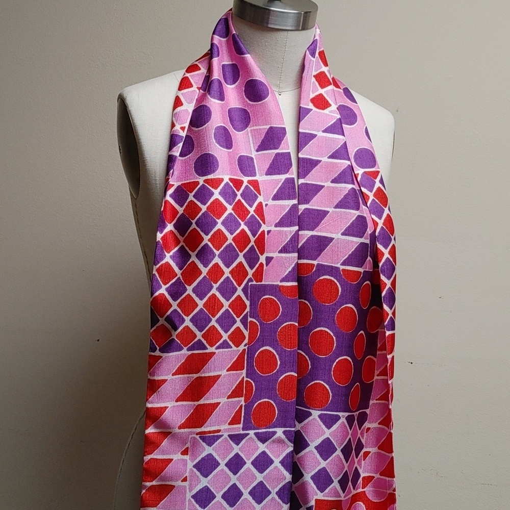 Vintage Sash Scarf Wrap in Circle Diamond Square Print Pink Purple Orange White - Picture 5 of 16